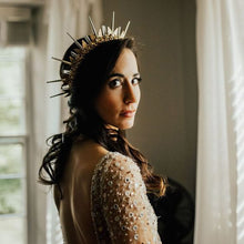 Load image into Gallery viewer, Bride wearing a gold Aero headpiece by Amaroq Design
