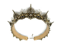 Load image into Gallery viewer, Amoura is a handcrafted antique gold crown built on a leather adjustable base with 5 tiers of cascading natural quartz, 6mm ruby red garnet rounds, freshwater natural pearls and Swarovski crystals. This headpiece has 1 inch tall spikes and antique gold filigree with a breathtakingly delicate silhouette.