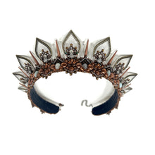 Load image into Gallery viewer, The Brigid Headpiece is a magical mix of copper and antique gold filigree glittering with rhinestones and giant moonstone cabachones. Quartz crystals frame antique gold leaflets threaded with white silk thread, giving this headpiece a unique, majestic silhouette