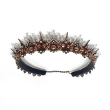 Load image into Gallery viewer, Close up of the rhinestones and pearls on the copper filigree of the Bronwyn Tiara