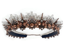 Load image into Gallery viewer, This ornate copper tiara may be dainty, but it is loaded with shining natural quartz crystals that playfully reflect the rays of the sun.  Five tiers of the quartz points cascade down to 1 inch tall copper spikes.  The filigree is accented with glittering rhinestones and iridescent freshwater pearls.  Perfect for the dance floor, whether it be concrete or the forest floor.
