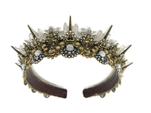 Load image into Gallery viewer, This antique gold headpiece sparkles like the stars, with natural pearls and rhinestones all revolving around 8mm moonstone cabochons, sure to fill your heart with the calming presence of the moon herself.  Callisto translates to "most beautiful one" in Greek, and is also the name of one of Jupiter's sacred moons.  Crown yourself a goddess of the moon with this truly celestial piece.  All Full Moon Collection crowns are handcrafted during and under a full moon only.
