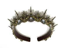 Load image into Gallery viewer, Zoomed out photo highlighting the 1 inch antique gold spikes framed by a quartz crystal point on each side and ornate filigree in between them