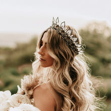 Load image into Gallery viewer, Bride with loose blonde curls wearing the Cassiopeia Headpiece in an off the shoulder gown