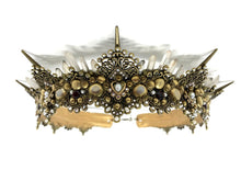 Load image into Gallery viewer, Close up details of the Amoura crown with tiny clear rhinestones, white pearls and quartz crystals