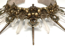 Load image into Gallery viewer, Details of the Amunet headpiece's antique gold filigree, peacock green pearls and clear rhinestones
