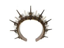 Load image into Gallery viewer, Inspired by the Egyptian goddess of Mystery, this antique gold headpiece turns heads with 3 inch spikes and cascading quartz crystals. The geometric filigree sparkles with authentic black and peacock green pearls, as well as gold and natural rhinestones for an extra goddess glimmer.