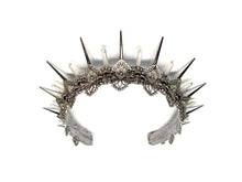 Load image into Gallery viewer, Named after the Greek goddess of the Hunt, this silver crown is sure to help you catch your man. 2 inch silver spikes alternate with crystal clear quartz points weaving in between delicate silver filigree that sparkles with rhinestones.
