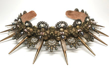 Load image into Gallery viewer, Close up of details of the Black Pearl headpiece with peacock green and black pearls, white pearls and tiny rose pink pearls mixed with clear sparkling rhinestones