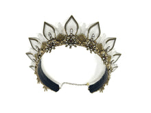 Load image into Gallery viewer, Cassiopeia is an antique gold headpiece with hand-threaded leaflets, giving the headpiece a truly unique silhouette.  A cascade of quartz crystal points elegantly frame antique filigree sprinkled with freshwater pearls and rhinestones.  At the centerpiece of it all, 6mm blood red garnet cabochons twinkle like crimson stars that make up the goddess's constellation in the sky.