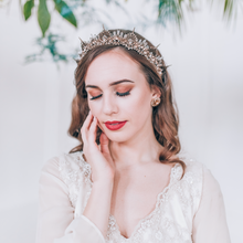Load image into Gallery viewer, Brown haired bride with red lipstick and a vintage lace dress wearing the Amoura crown
