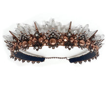 Load image into Gallery viewer, This ornate copper tiara may be dainty, but it is loaded with shining natural quartz crystals that playfully reflect the rays of the sun.  Five tiers of the quartz points cascade down to 1 inch tall copper spikes.  The filigree is accented with glittering rhinestones and iridescent freshwater pearls.  Perfect for the dance floor, whether it be concrete or the forest floor.
