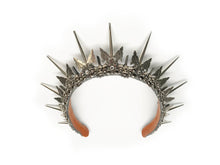 Load image into Gallery viewer, Aero is a silver headpiece with 3 inch spikes, titanium, quartz crystals and sparkling rhinestones
