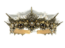 Load image into Gallery viewer, Close up details of the Amoura crown with tiny clear rhinestones, white pearls and quartz crystals
