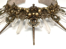 Load image into Gallery viewer, Details of the Amunet headpiece&#39;s antique gold filigree, peacock green pearls and clear rhinestones
