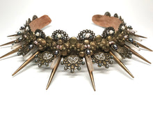 Load image into Gallery viewer, Close up of details of the Black Pearl headpiece with peacock green and black pearls, white pearls and tiny rose pink pearls mixed with clear sparkling rhinestones
