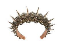 Load image into Gallery viewer, Feel like the Pirate of all hearts in this antique gold statement headpiece dripping in precious black pearls. Two inch tall spikes behind slender rose quartz points create a silhouette perfect for sailing off into the sunset. The delicate antique gold filigree is littered with treasures: black pearls, peacock pearls, natural pearls and tiny rhinestones for an extra sparkle, worthy of a Sea Queen.
